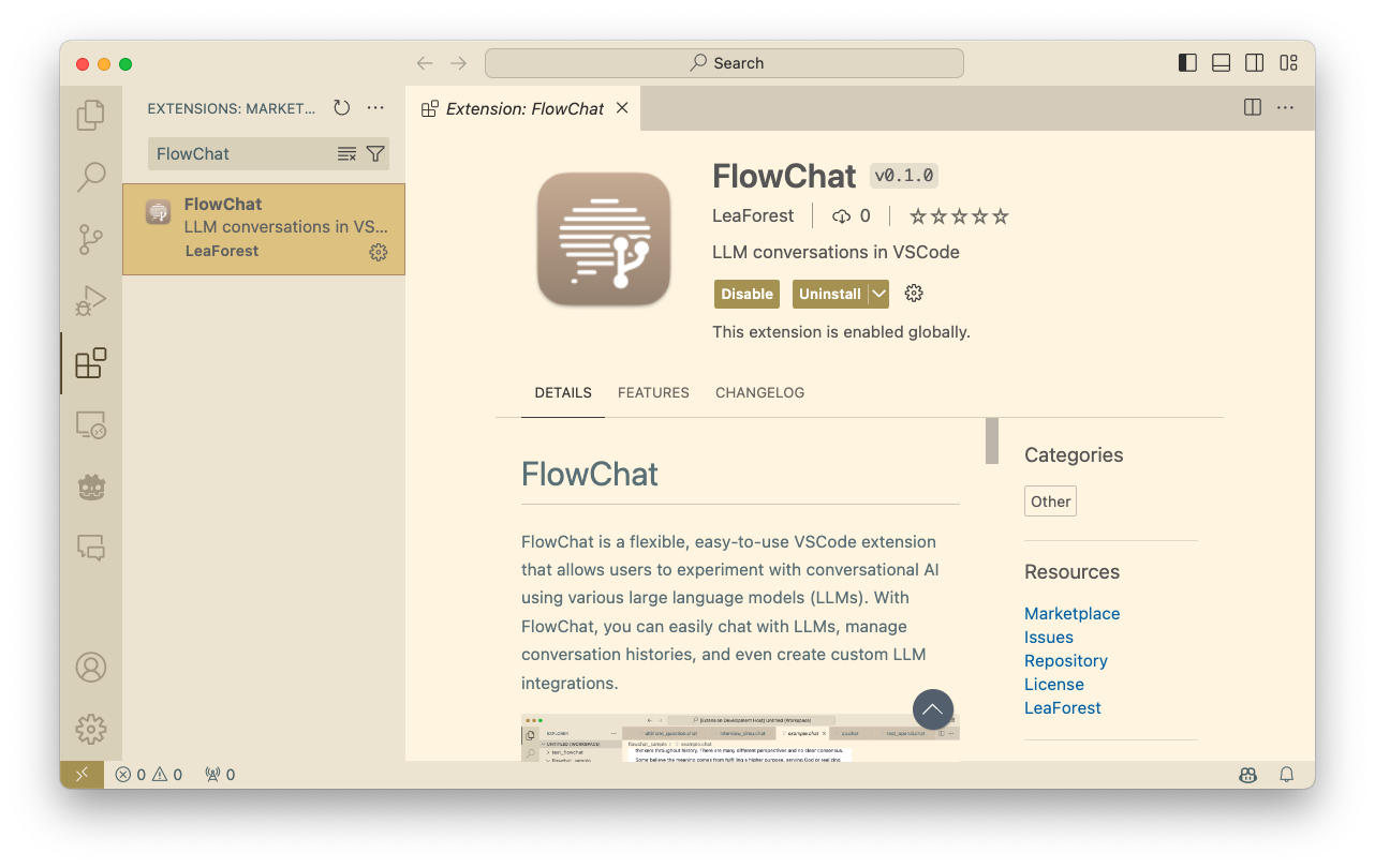 Screenshot: Marketplace installation of FlowChat